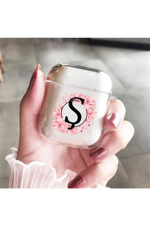 mooodcase Ş Harfli Pembe Çiçek Desenli Şeffaf Airpods Kılıfı