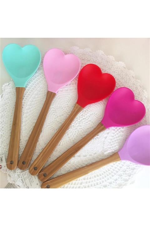 rennway Dekoratif Kalp Şeklinde Ahşap Saplı Silikon Spatula Kaşık