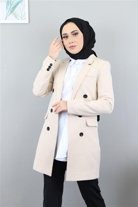 Esvet Kadın Krem Tesettür Bilekleri Düğme Detaylı Cep Görünümlü Midi Boy Krep Kumaş Blazer Ceket