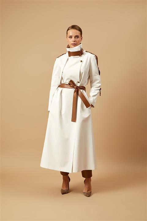 Rohs By Gülsüm Elkhatroushı Deri Apoletli Yakası Deri Detaylı Uzun Trençkot 22102