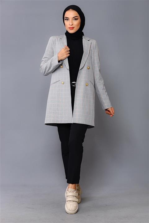 nurneva Ekose Desen Blazer Ceket Gri