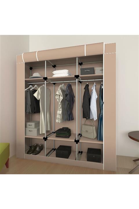 Berrado Bej Plastik Borulu Çok Askılıklı Raflı Bez Dolap