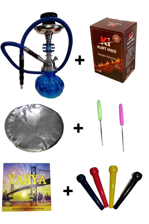 Camp & Shisha Mavi Mini Nargile Takımı + 1 Kg Küp Kömür + Folyo + 20 Sipsi + Iğne