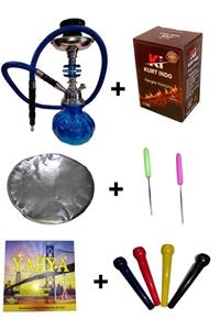 Camp & Shisha Mavi Mini Nargile Takımı + 1 Kg Küp Kömür + Folyo + 20 Sipsi + Iğne