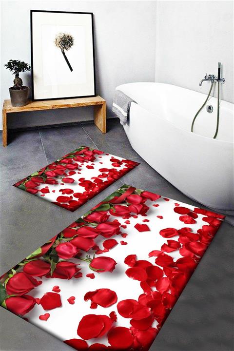 Osso Halı Kırmızı Güller Desenli Yıkanabilir Kaymaz Taban 2li Banyo Halısı Paspas Klozet Takımı