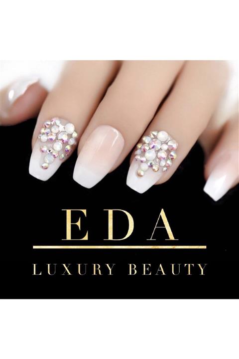 EDA LUXURY BEAUTY Pembe Beyaz Ombre French Takma Tırnak Lüks 3d Kristal Taşlı Desenli Uzun Kare Coffin Nail Art Set