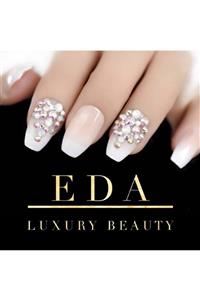 EDA LUXURY BEAUTY Pembe Beyaz Ombre French Takma Tırnak Lüks 3d Kristal Taşlı Desenli Uzun Kare Coffin Nail Art Set