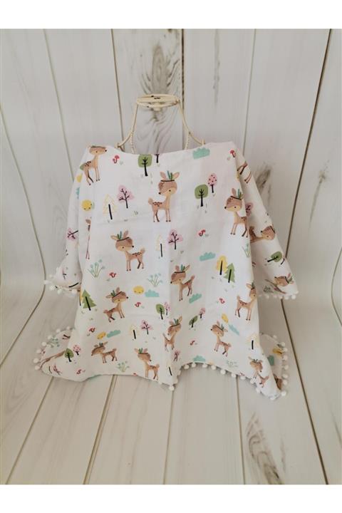 tasarımcı anne Emzirme Önlüğü Ponponlu Çift Kat Müslin Karaca Desenli