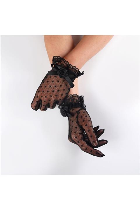EDDA GELİN AKSESUARLARI Siyah Puanlı Gelinlik Eldiveni