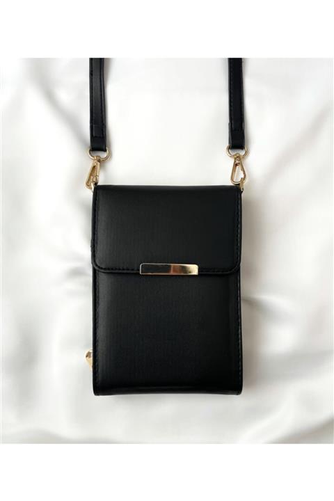 musweven Kadın Siyah Düz Desensiz Sade Koyu Renk Zincirli Kapaklı Telefonluk Kartlık Cüzdan Çanta