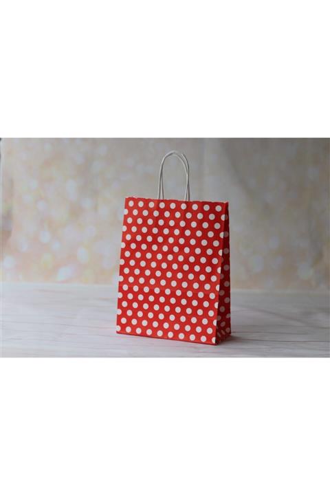 demontecraft Kağıt Çanta Kırmızı Beyaz Puantiyeli18x8x24 Cm /hediye Poşeti 5'li