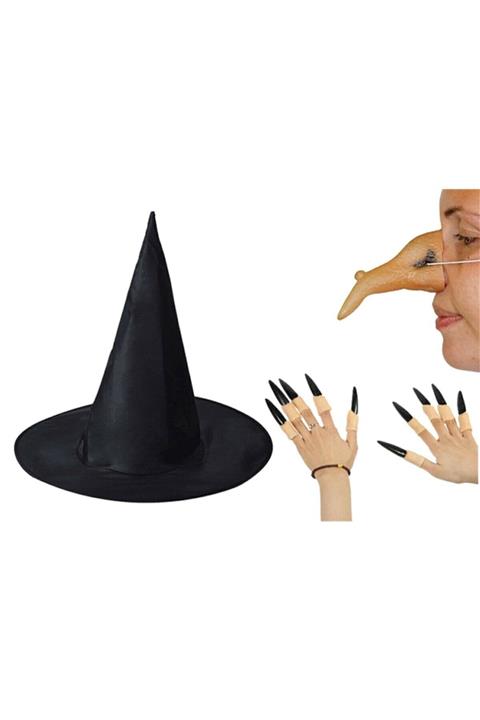 Happyland Cadılar Bayramı Halloween Siyah Cadı Şapkası Burnu Ve 10 Adet Tırnak