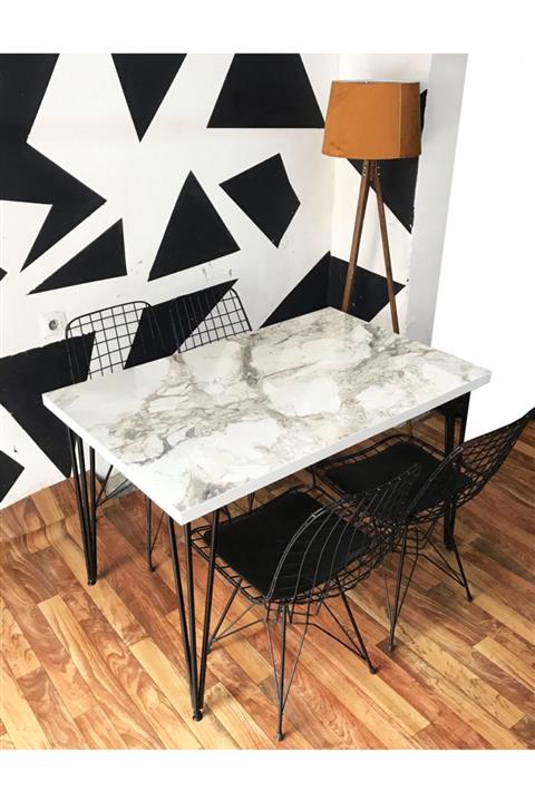 STONE CONCEPT MOBİLYA Beyaz Mermer Desen Yemek Mutfak Masası 4 Kişilik Tel Sandalyeli