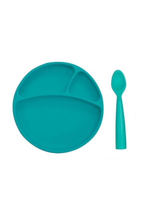 Oioi Vakum Tabanlı Silikon Tabak-nam Nam Kaşık 2'li Set-yeşil