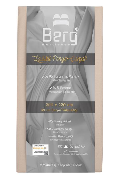 Berg Bettlaken 200x220 +45 cm Yükseklik Lastikli Lüks Penye Pamuklu Çarşaf Bej