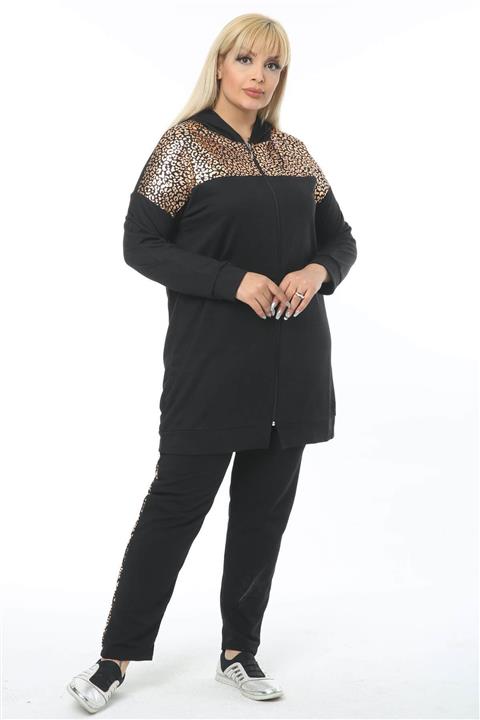 Mooi XXL Kadın Siyah Dore Tiger Baskılı Kapüşon Ve Fermuar Detaylı Büyük Beden Iki Iplik Eşofman Takımı