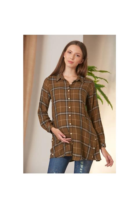 Görsin Hamile Kadın Haki  Ekose Hamile Gömlek 07130