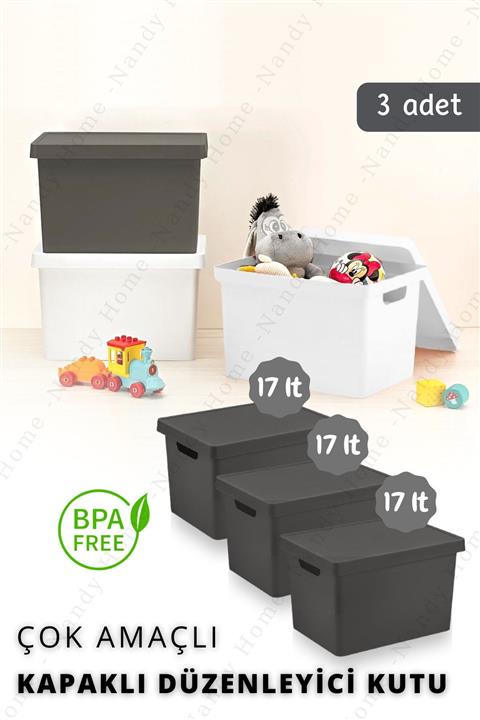 Nandy Home 17 Lt. Kapaklı Kutu 3 Adet Antrasit