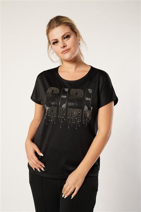 Nelly Büyük Beden Siyah Önü Taşlı Kadın Bluz