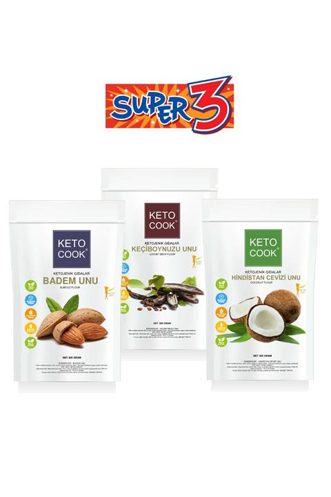 KetoCook (KETOJENİK) Badem Unu Hindistan Cevizi Unu Keçiboynuzu Unu Super 3 Set 900 gram