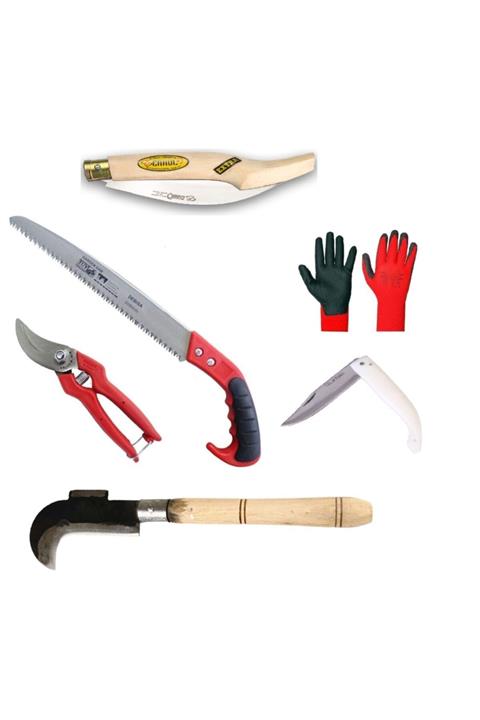 Akgün Bahçe Alet Seti Bağ Budama Makası Testere Ağaç Dal Kesme Ot Testeresi Eldiven Çakı Seti 6 Lı Set