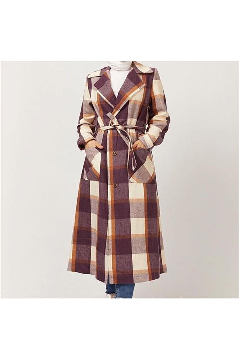 EFABRIC Kadın Mor Ekose Kareli Mevsimlik Trençkot