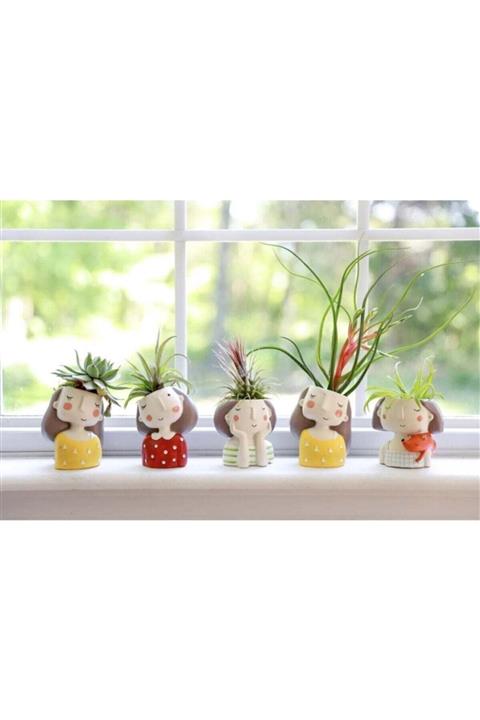 FLORADA Renkli Ada El Yapımı Sevimli Kız ve Erkek Figürlü 5'li Sukulent Saksı Seti