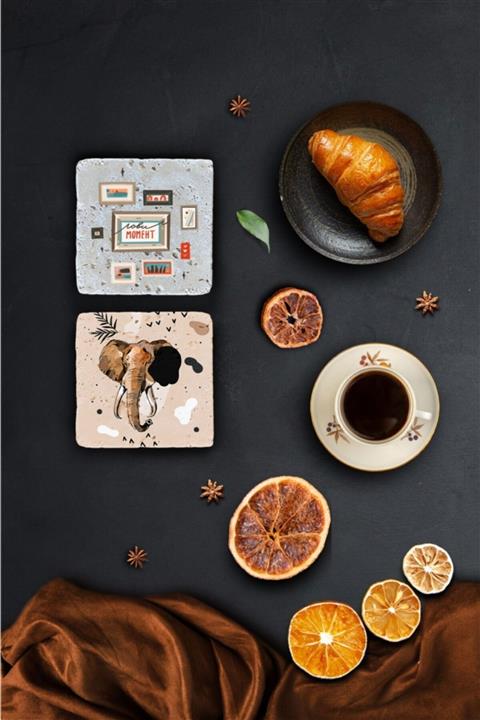 pixolog Fil Desenli 2'li Set Taş Bardak Altlığı Ba257