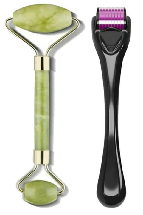 İndirimKap Titanyum 540 Iğneli 1 Mm Dermaroller Cilt Yenileme Aleti Ve Jade Roller 2'li Yeşim Taşı Masaj Aleti