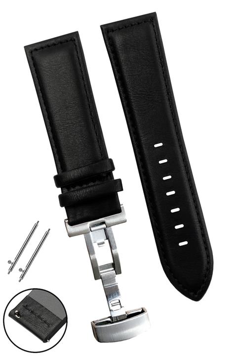 Fossil Saat Uyumlu 22mm Siyah Renk Dikişli Gümüş Klipsli Deri Saat Kordonu Kayışı