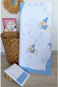 mellowbabystore %100 Pamuk Mavi Uyuyan Ayı Desenli Bebek Pike Takımı