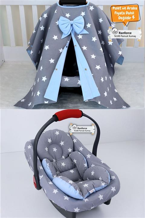 Umaybebek Gri Mavi 3 Lü Puset Örtüsü Seti %100 Pamuklu Kumaş