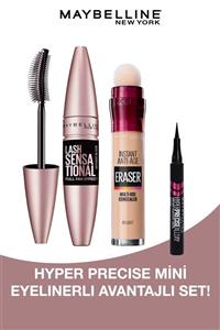 Maybelline New York Lash Sensational Ekstra Siyah Maskara& Instant Anti Age Eraser Kapatıcı 01 Light& Hyper Precise Mini