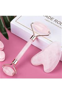 İLTERUS Pembe Kuvars Jade Face Roller Ve Pembe Kuvars Kalp Gua Sha Yüz Masaj Taşı Premium Set