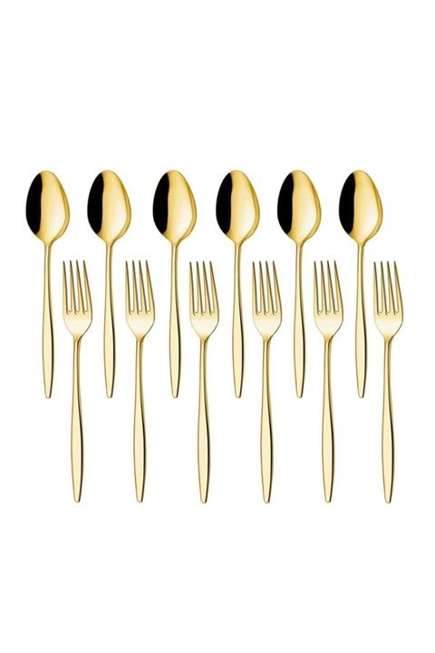 ÖZ FIRAT Dilay Yakut Gold Tatlı Kaşık Tatlı Çatal Takımı (6 ADET TATLI KAŞIK 6 ADET TATLI ÇATALI)