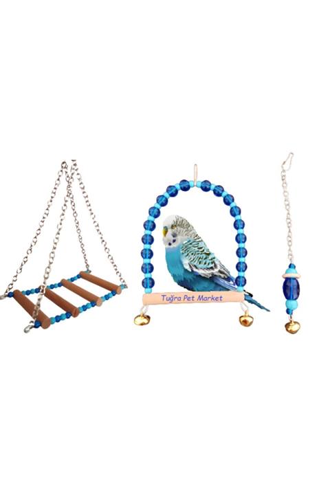 TUĞRA PET MARKET Muhabbet Kuşları Için 1. Kalite Ahşap Tünekli Oyuncak Ve Salıncak Seti