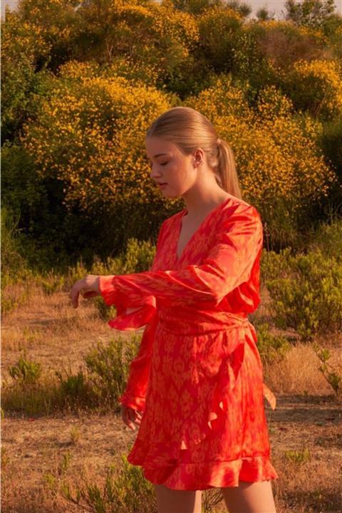 Love My Body Kadın Coral Bağlama Detaylı Desenli Tulum