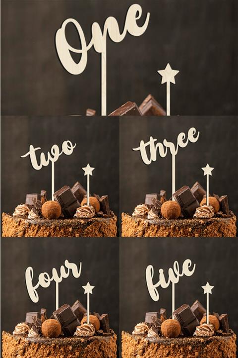 AHWALL WOODWORKING One, Two, Three, Four, Five Yazılı 5'li Ahşap Pasta Süsü Seti Topper