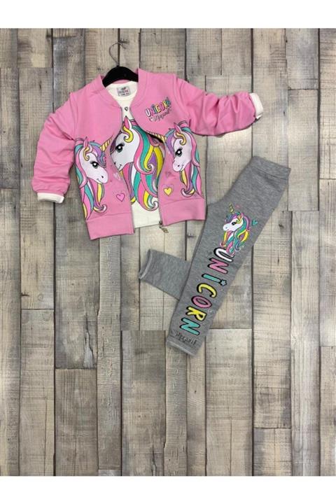 PICCALİLLY Kız Çocuk Ünicorn Desenli Hırka - Sweatshirt - Tayt Penye 3'lü Takım