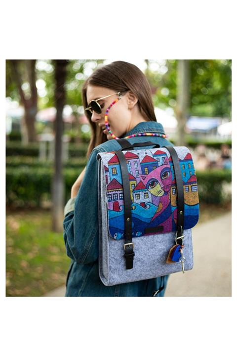 Biggdesign Unisex Beyaz Owl And City Keçe Sırt Çantası