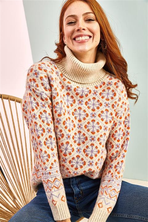 Bianco Lucci Kadın Balıkçı Yaka Desenli Triko Kazak