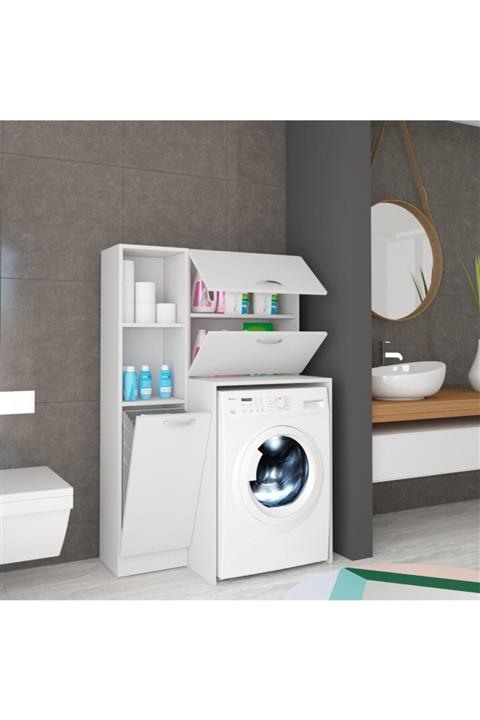 AVES MOBİLYA Beyaz Sepetli Çamaşır Makinası Dolabı