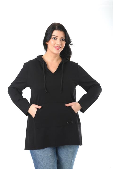 Womenice Kadın Siyah V Yaka Cepli Kapşonlu Büyük Beden Sweatshirt