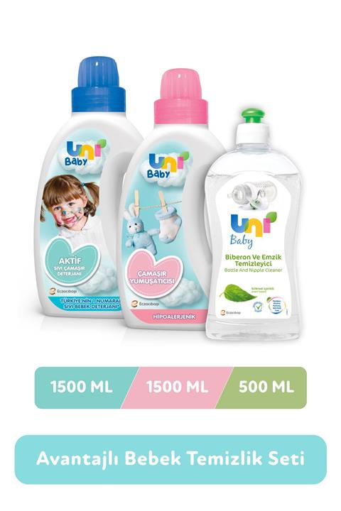 Uni Baby Avantajlı Temizlik Seti - 1500 ml Deterjan + 1500 ml Yumuşatıcı + 500 ml Biberon Emzik Temizleyici
