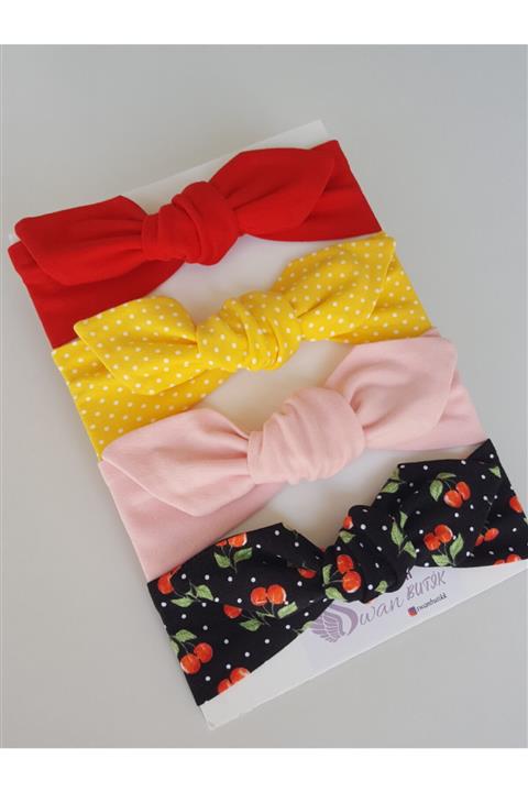 swan butik Kız Çocuk Bebek Bandana Toka Seti 4'lü Kirazlı, Sarı Benekli, Kırmızı, Pudra Pembe