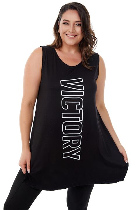 Siyezen Büyük Beden Siyah Salaş Victory Baskılı Kolsuz T-shirt