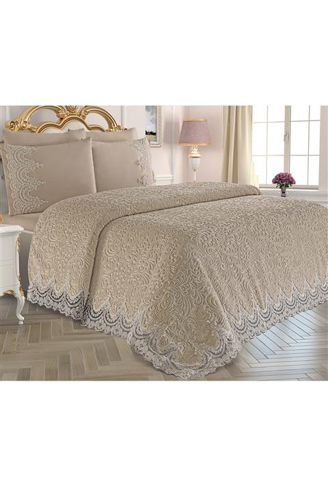 Çeyiz Diyarı Çift Kişilik Fransız Güpürlü Lisa Battaniye Takımı Cappucino 178715