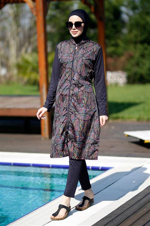 Remsa Mayo Kadın Siyah Yaprak Desenli Uzun Kollu Mayo