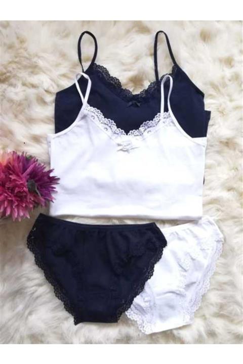 KOTA Kadın Lacivert Beyaz 2 Adet İp Askılı Atlet Külot Takım