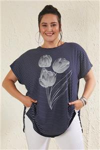 Siyezen Kadın Lacivert Büyük Beden Salaş Çizgili Lale Baskılı T-shirt